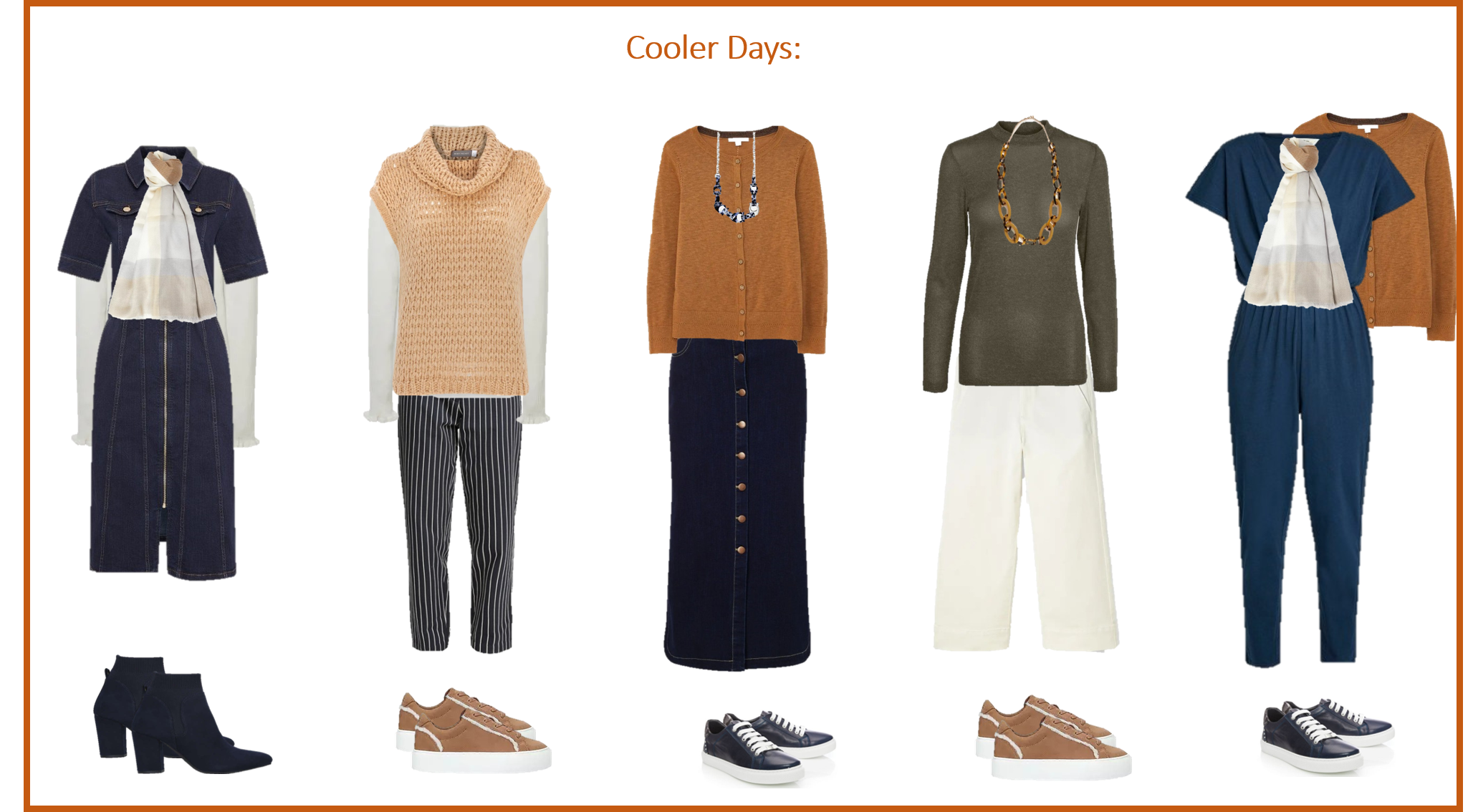 14-piece Capsule Wardrobe = 1 month’s worth of outfits for those with Warm or Cool colouring